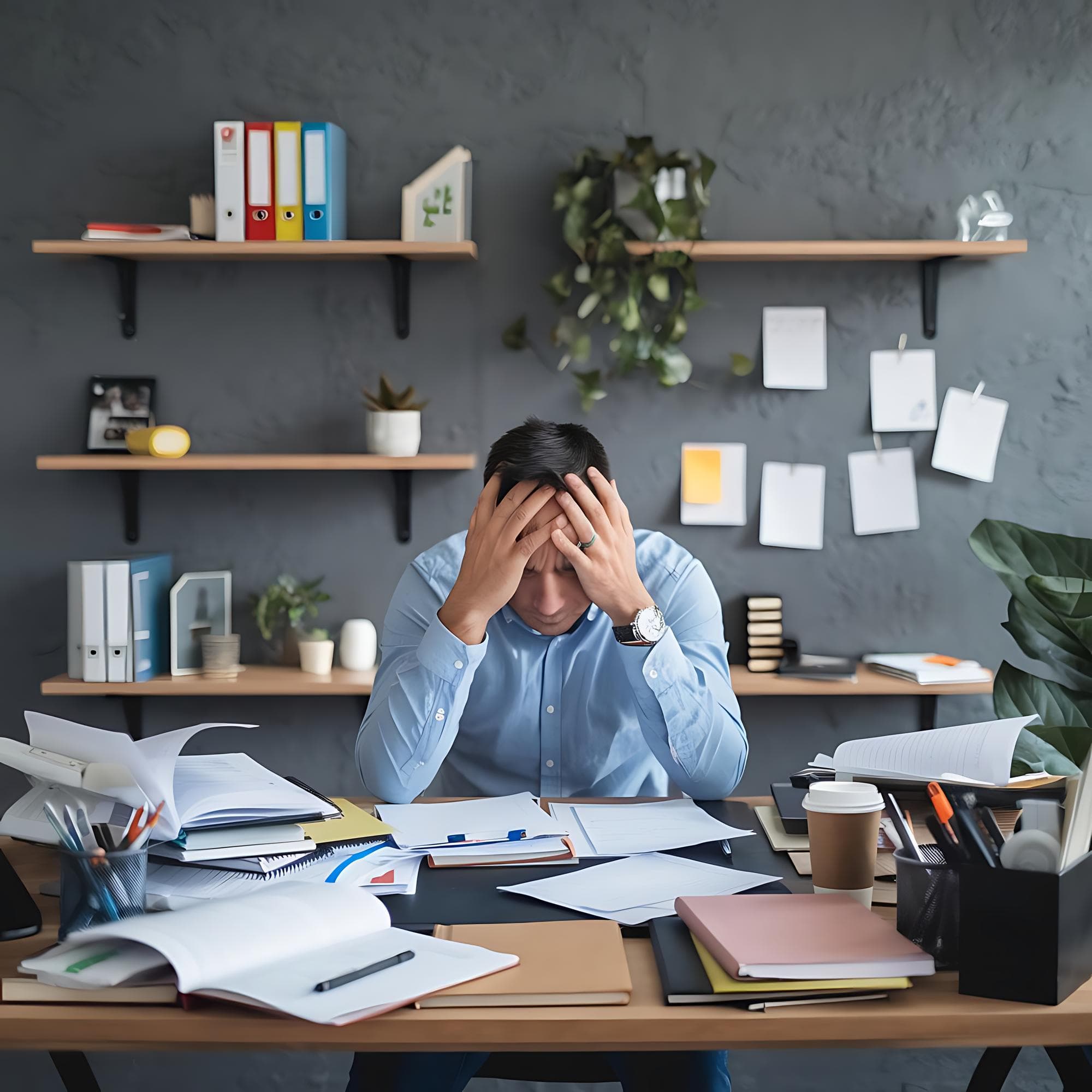 A stressed man sitting at his office desk, working on a laptop with his hands on his head due to fear of retrenchment and job loss.