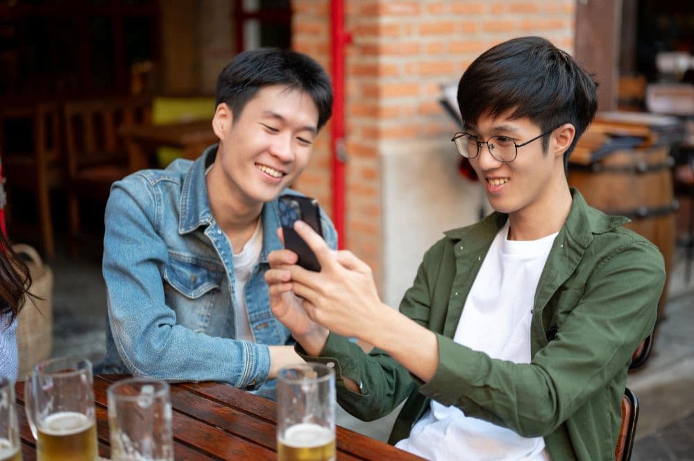 Platonic Relationship - Two male friends sharing a conversation and taking a picture at a cafe.