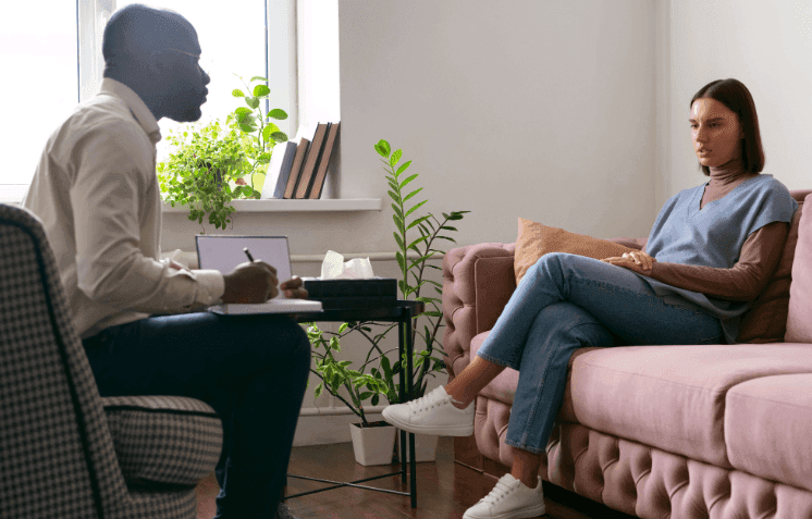 Client and therapist talking about distress