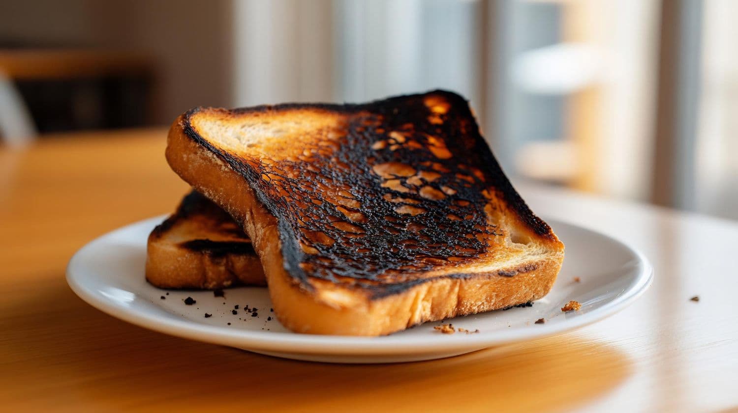 Two pieces of burnt toast on a white plate - The Psychology Behind the Burnt Toast Theory