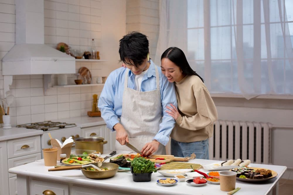 A Singaporean couple spending time cooking together. Scheduling couples' time is highly encouraged in couples therapy.