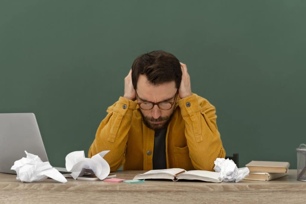 A man with ADHD symptoms looks stressed while studying. There are crushed papers and a notebook on the table.